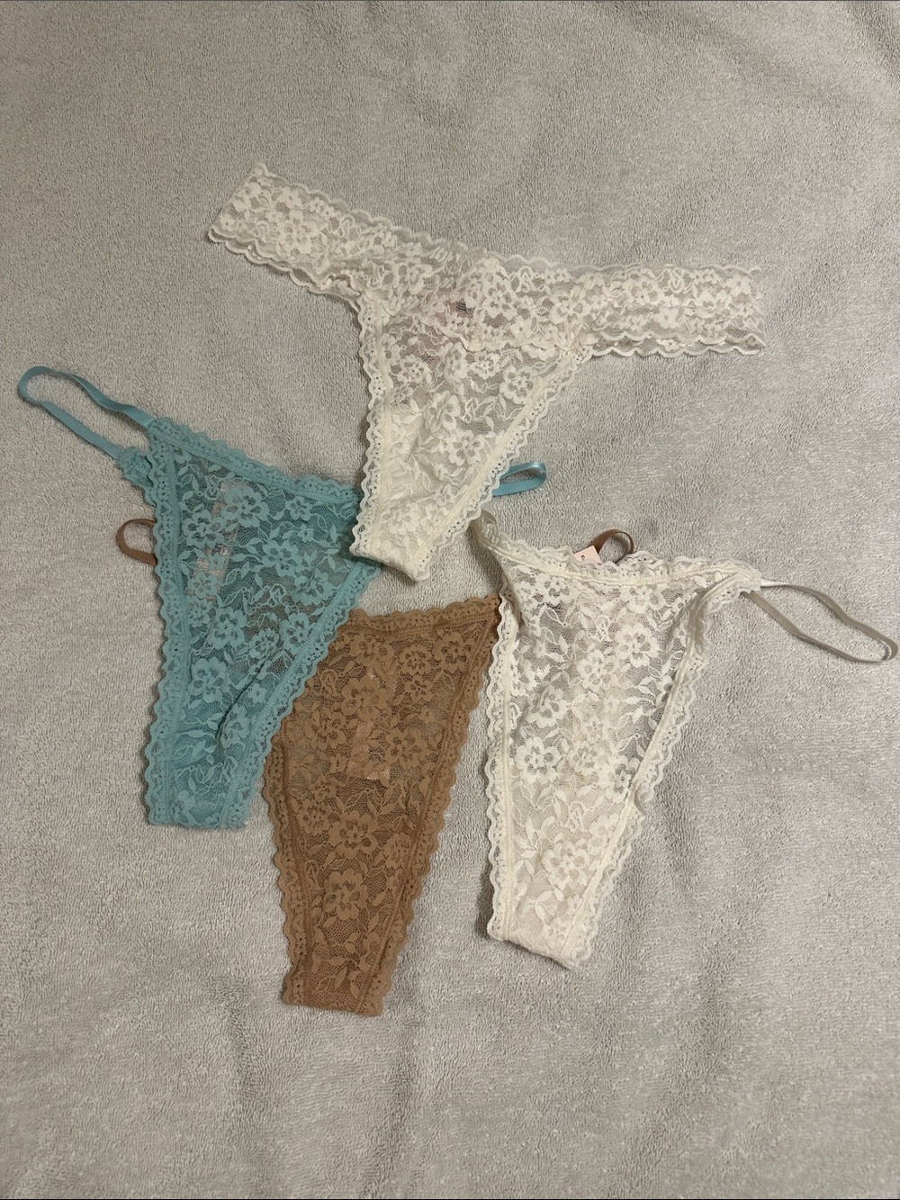 Victoria's Secret Lace Thong Set in Cream, Blue, Brown